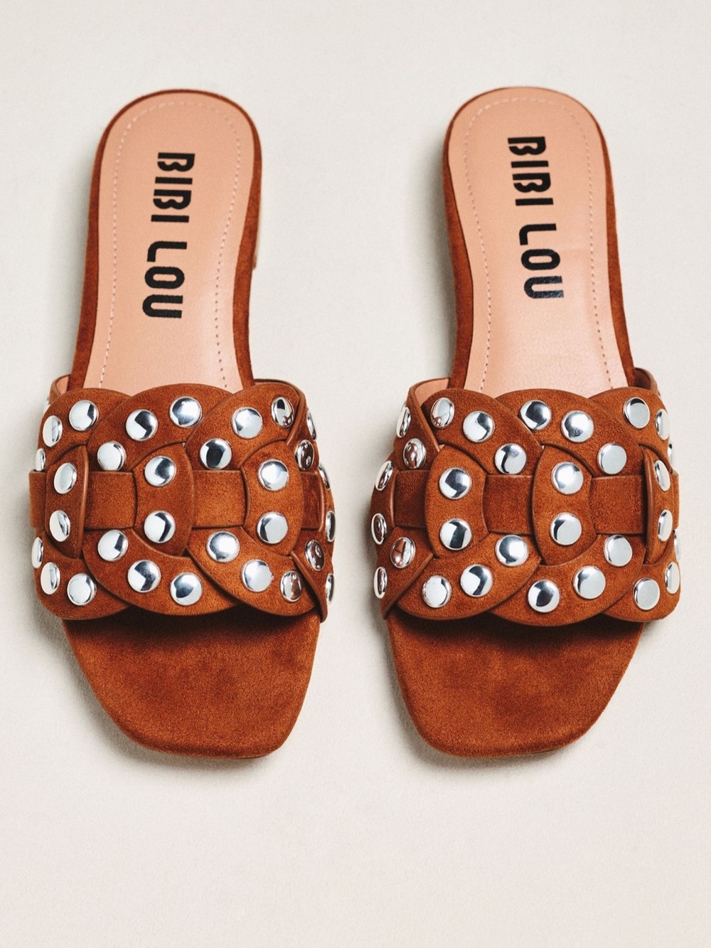 Anthropologie Bibi Lou Tan Suede Stud Slide Sandals